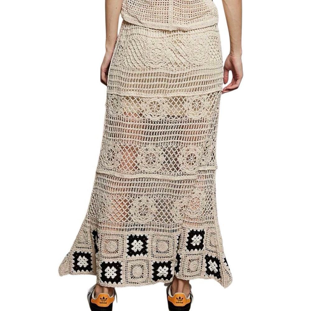 Boho Crochet Maxi Skirt Cream Black Granny Square Patchwork Long Knit Skirt OS - Picture 2 of 7